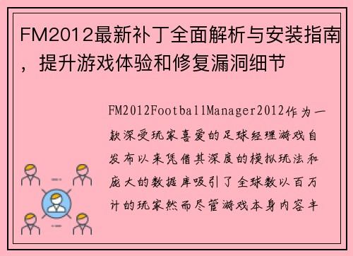 FM2012最新补丁全面解析与安装指南，提升游戏体验和修复漏洞细节